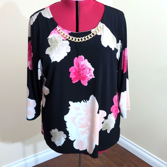 Calvin Klein Tops - Calvin Klein| Black Blouse White and Pink Floral Design Polyester Spandex Blend